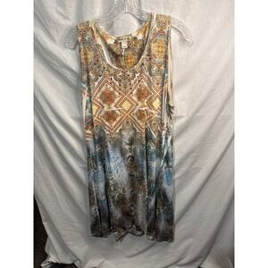 World Unity Women's XL Sleeveless Tank Dress Bohemian Print Embellished Neckline